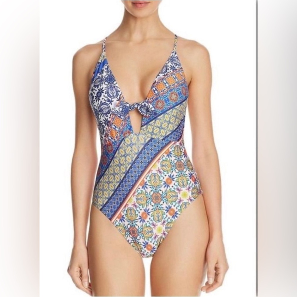 NWOT Nanette Lepore Patchwork Goddess One Piece Multicolor Print Swimsuit 10